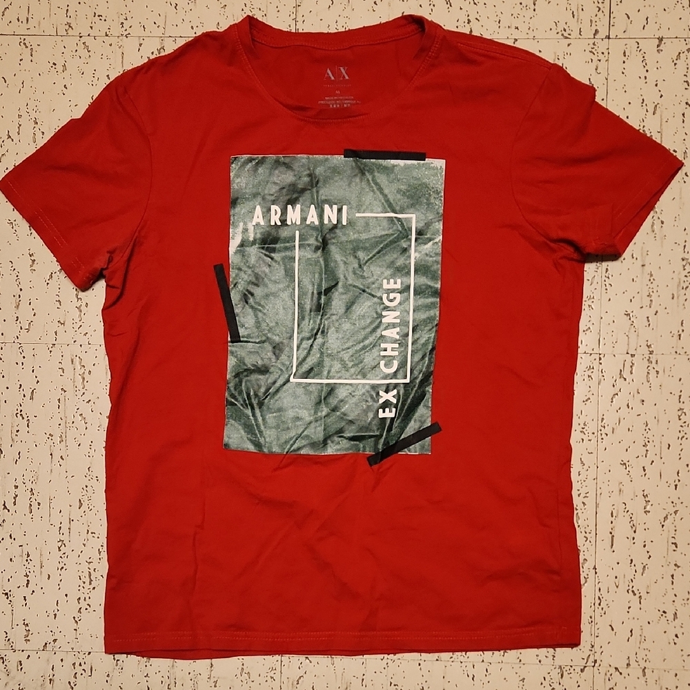 Armani Exchange Red Wrinkled Tape Logo Spellout Crewneck T-Shirt